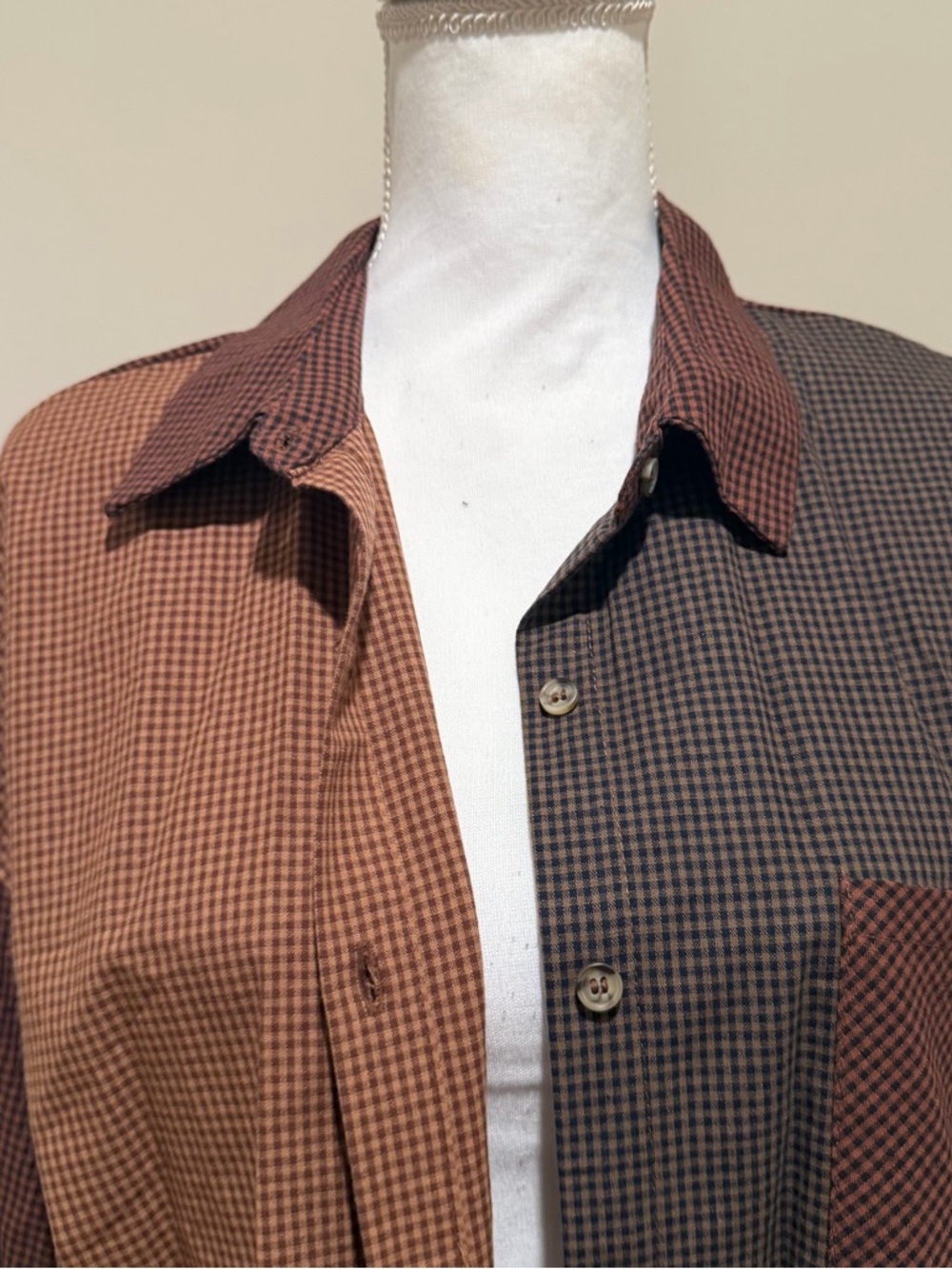 Blu Pepper Brown and Tan Plaid Color Block Button Down oversized small NWT - Picture 10 of 13
